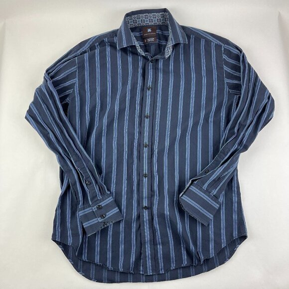 Harry Nicholas Button Up Dress Shirt Mens Medium Blue Striped Long Sleeve - Picture 1 of 8
